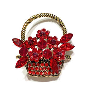 Red Rhinestone Flower Basket Brooch Rope Textured Goldtone Dimensional Pin Chic
